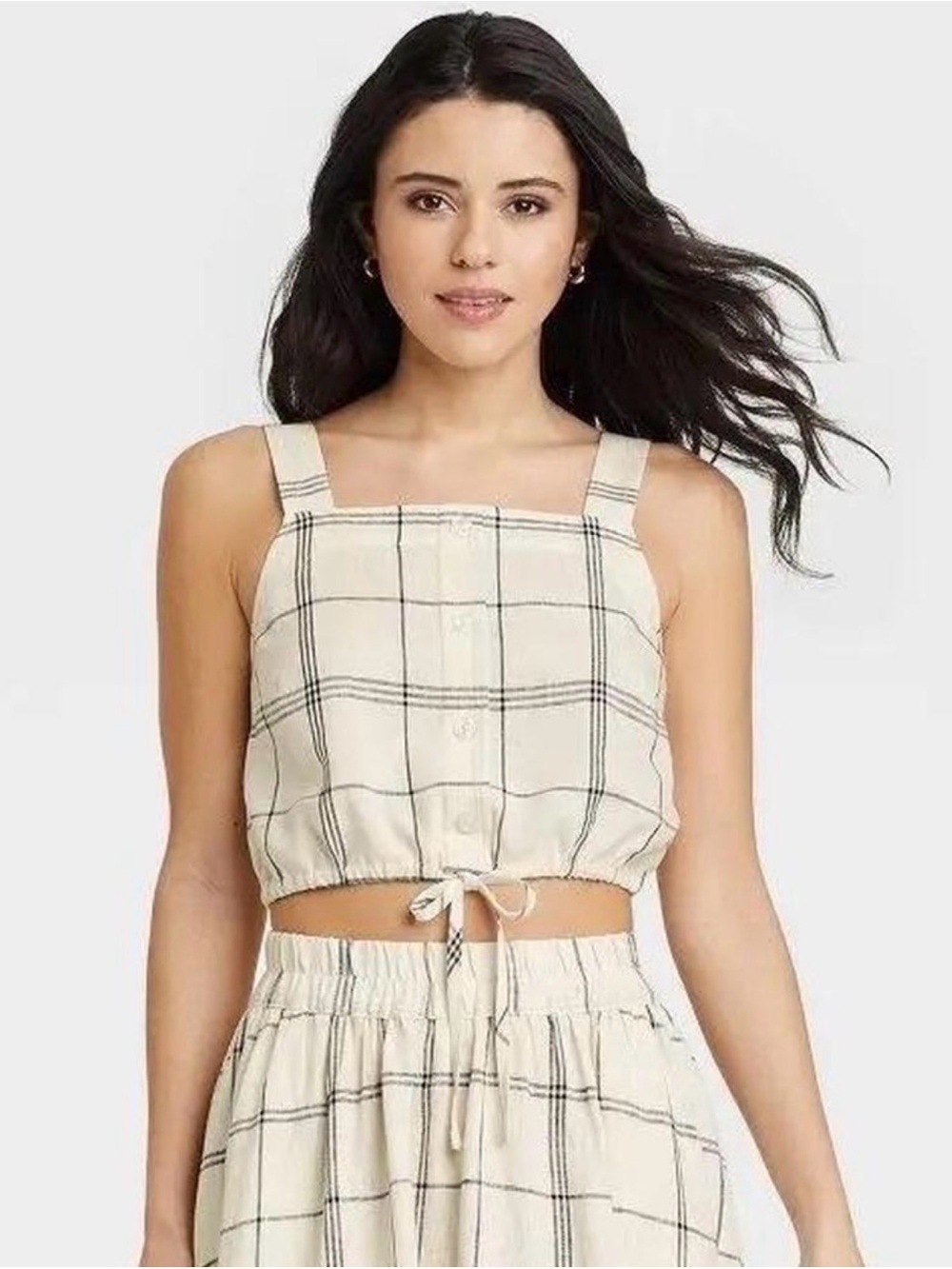 a new day Cream Plaid Button-Front Cropped Tank with Tie Hem